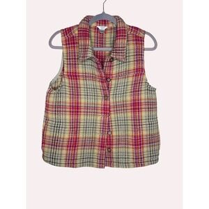 Christopher & Banks Womens Plaid Waffle Knit Vest Pink Orange Button Front Large
